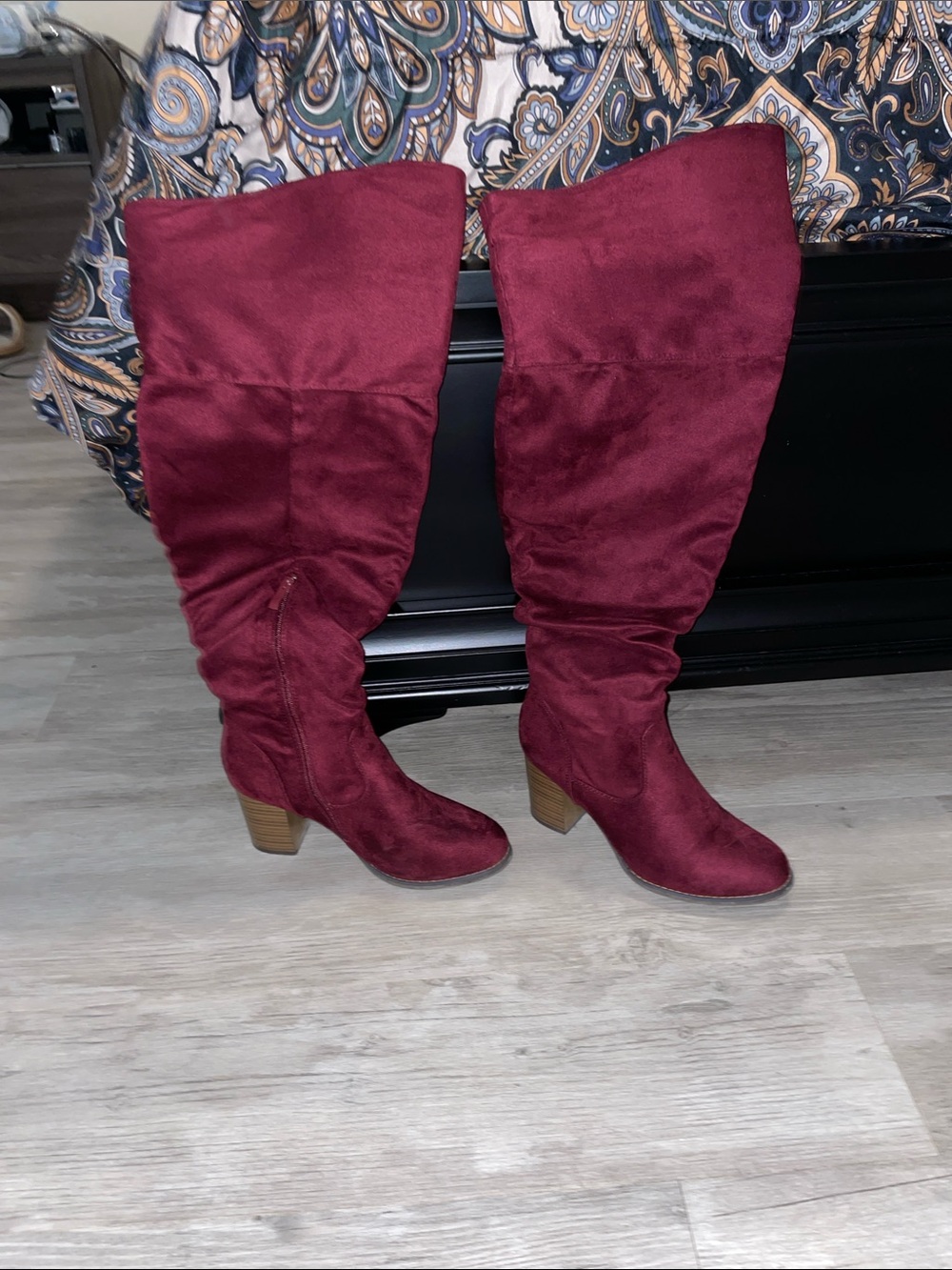 Over-the-Knee Block Heel Boots in Wine maroon Suede